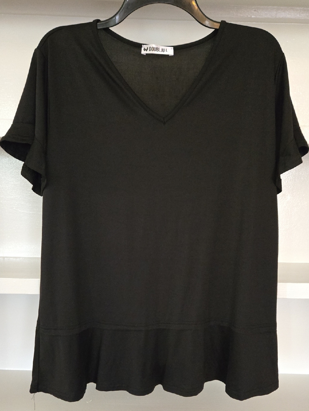 Doublju Black V-Neck Short Sleeve Ruffle-Hem Top